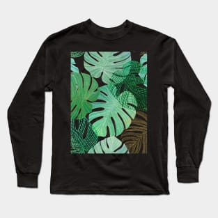 Exotic Monstera leaves watercolor textural print. Tropical foliage summer jungle print Long Sleeve T-Shirt